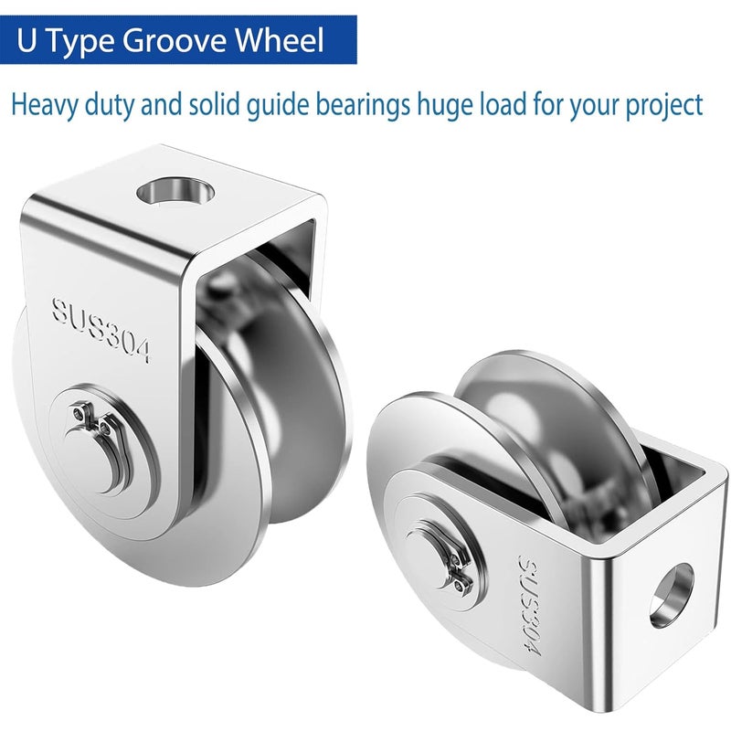 V-chen 2 Pack 3 Inch Pulley Block U Grooved Wheel Pulley, 304 Stainless Steel Pulley Roller, Heavy Duty Caster Wheels Sliding Gate Rollers for Material Handling and Moving Lifting Loading 1760lb/800 Kg - Image 4